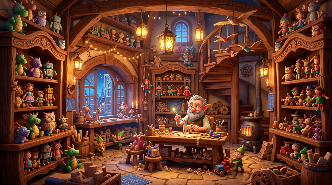 3D cartoon visual of a magical toy workshop interior with wooden shelves