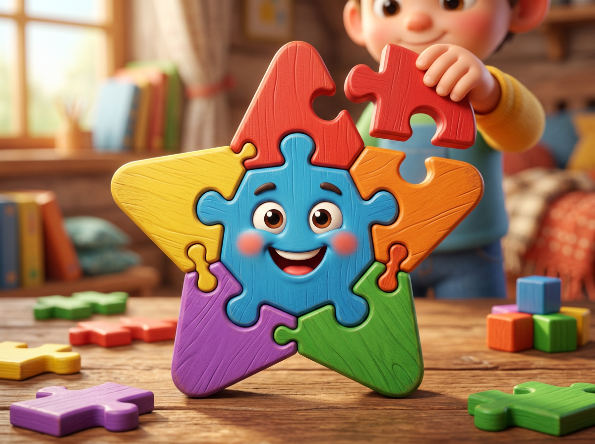 Colorful wooden puzzle pieces fitting together into a star shape