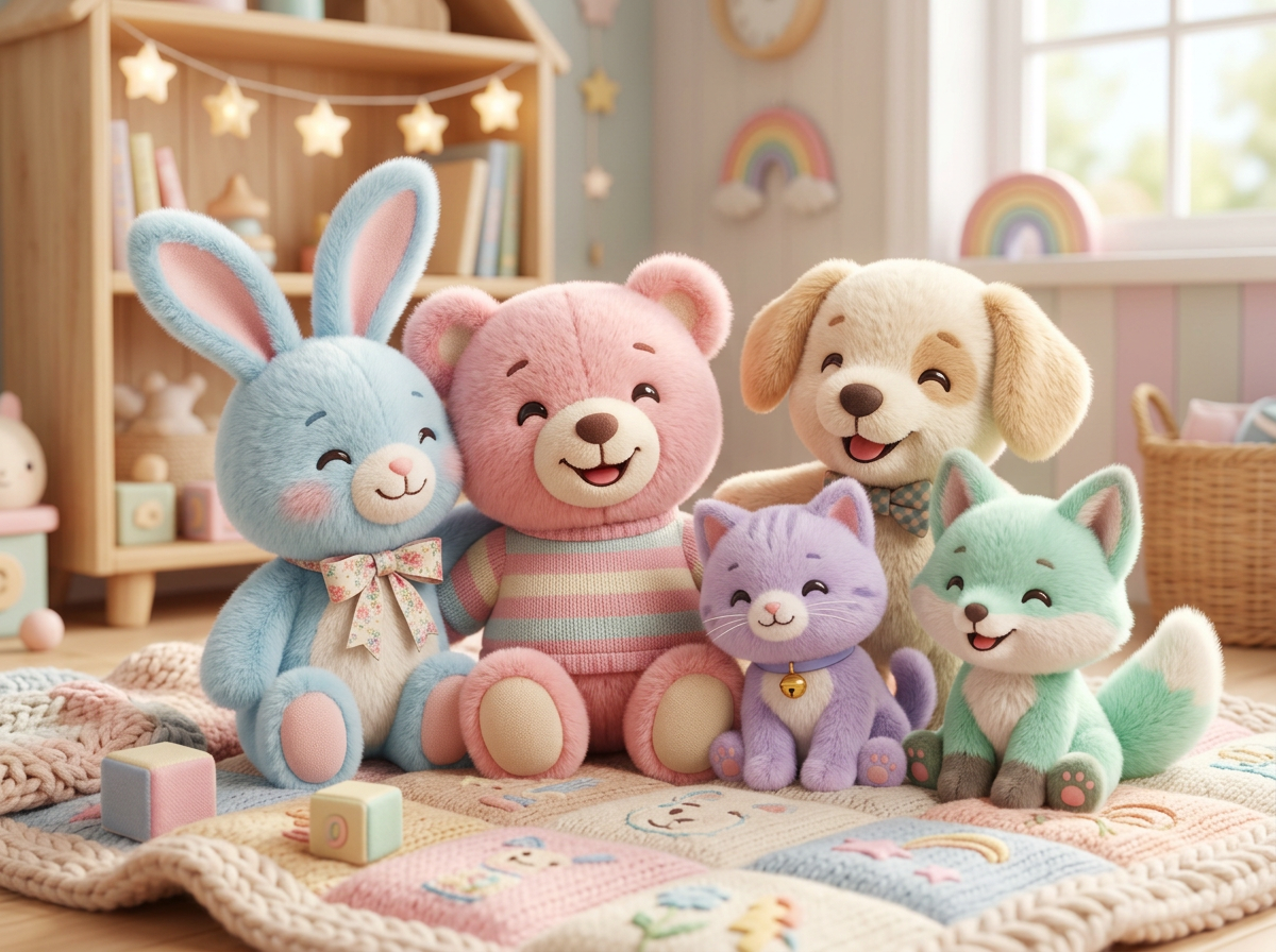 Soft fluffy plush animals sitting together