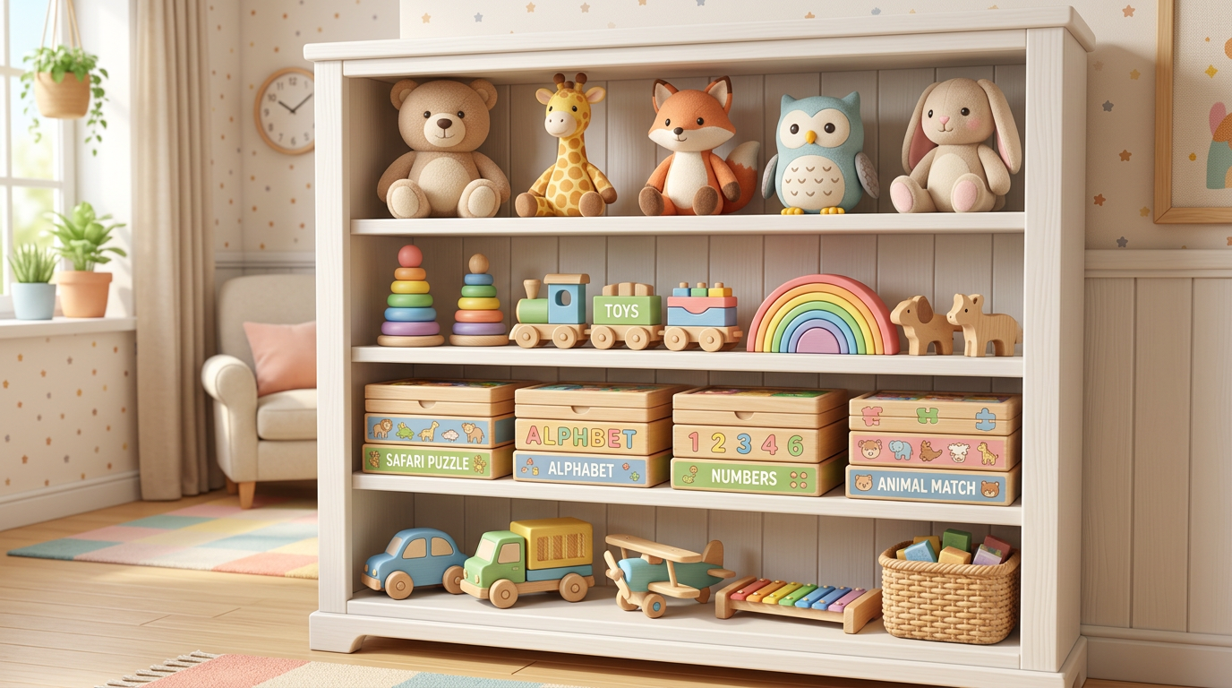 Organized toy shelf illustration with colorful wooden toys and plush animals