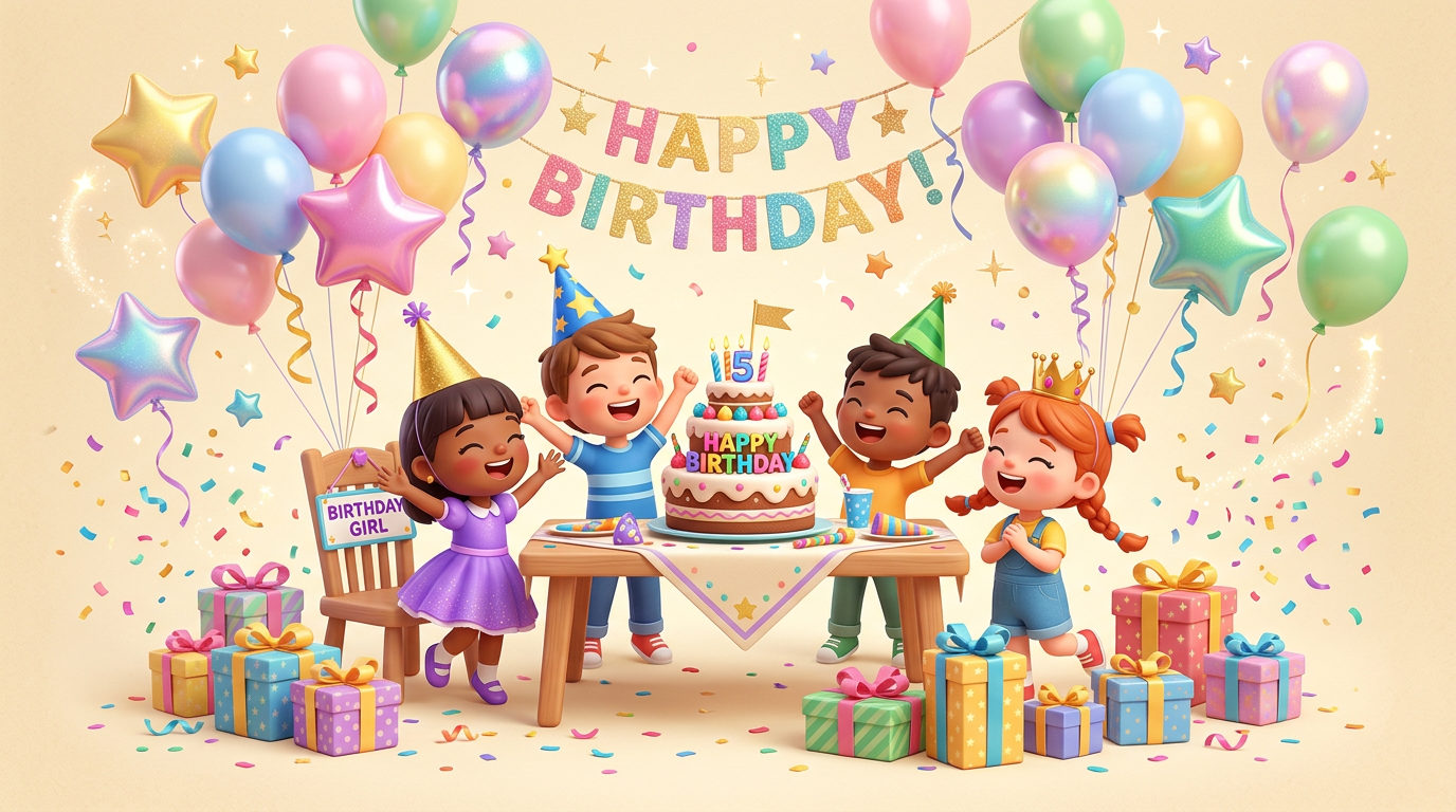 3D cartoon birthday celebration with balloons, party hats, and confetti