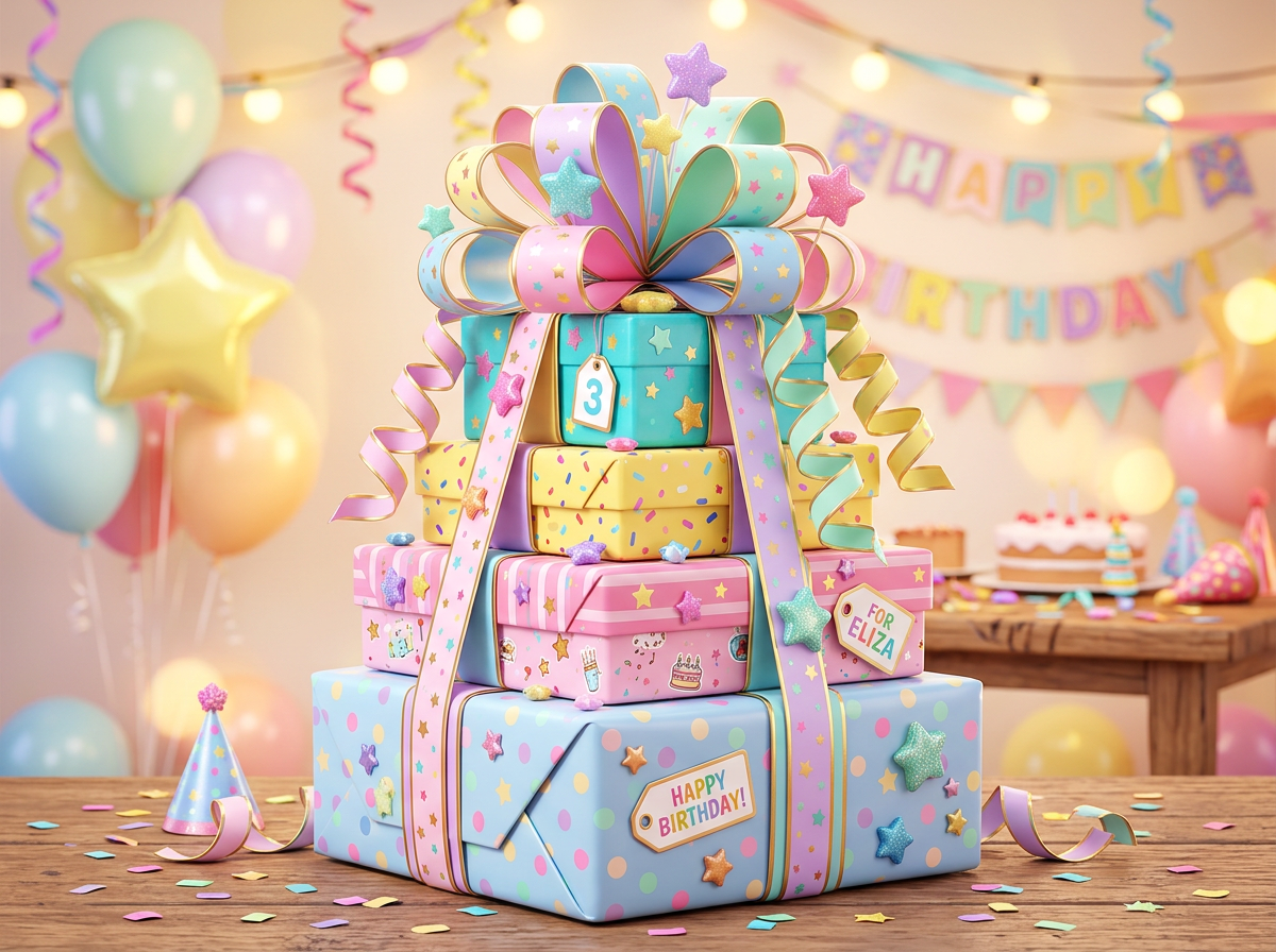 Stacked birthday party gift bundle wrapped with ribbon