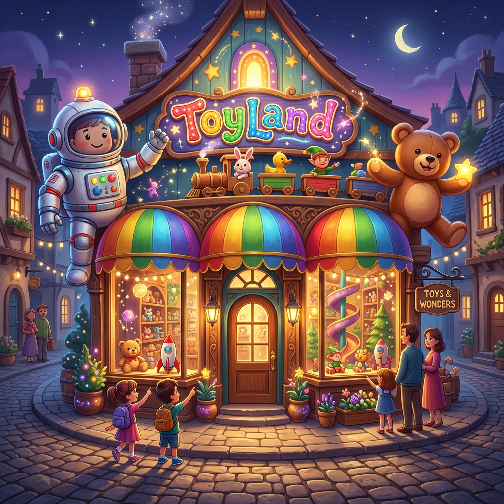 Colorful magical ToyLand storefront illustration with rainbow awnings and glowing windows